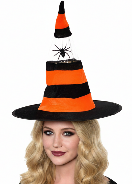 Neon Orange and Black Hanging Spider Velvet Halloween Witch Hat - Main Image