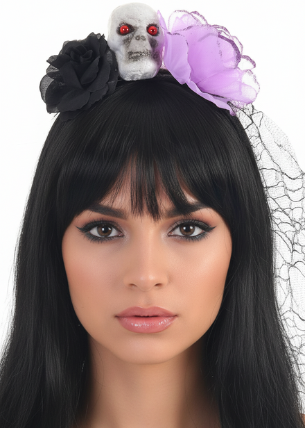 Veiled Black and Purple Rose and Skull Halloween Headband - Main Image