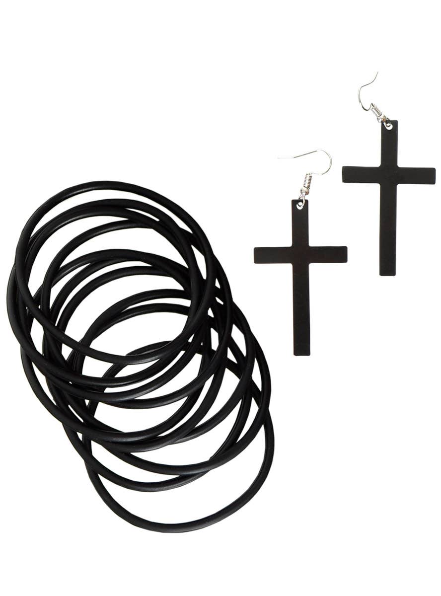 Image of Radical Black 3 Piece 1980s Costume Accessory Set - Earrings and Bracelets Image