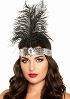 Silver and Black Tall Feather 1920's Flapper Headband - Main Image