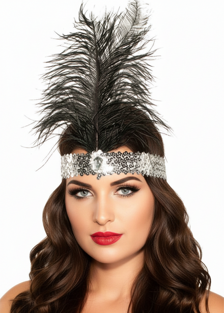 Silver and Black Tall Feather 1920's Flapper Headband - Main Image