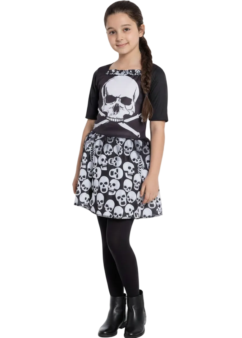 Skull Print Black and White Girls Halloween Costume - Main Image