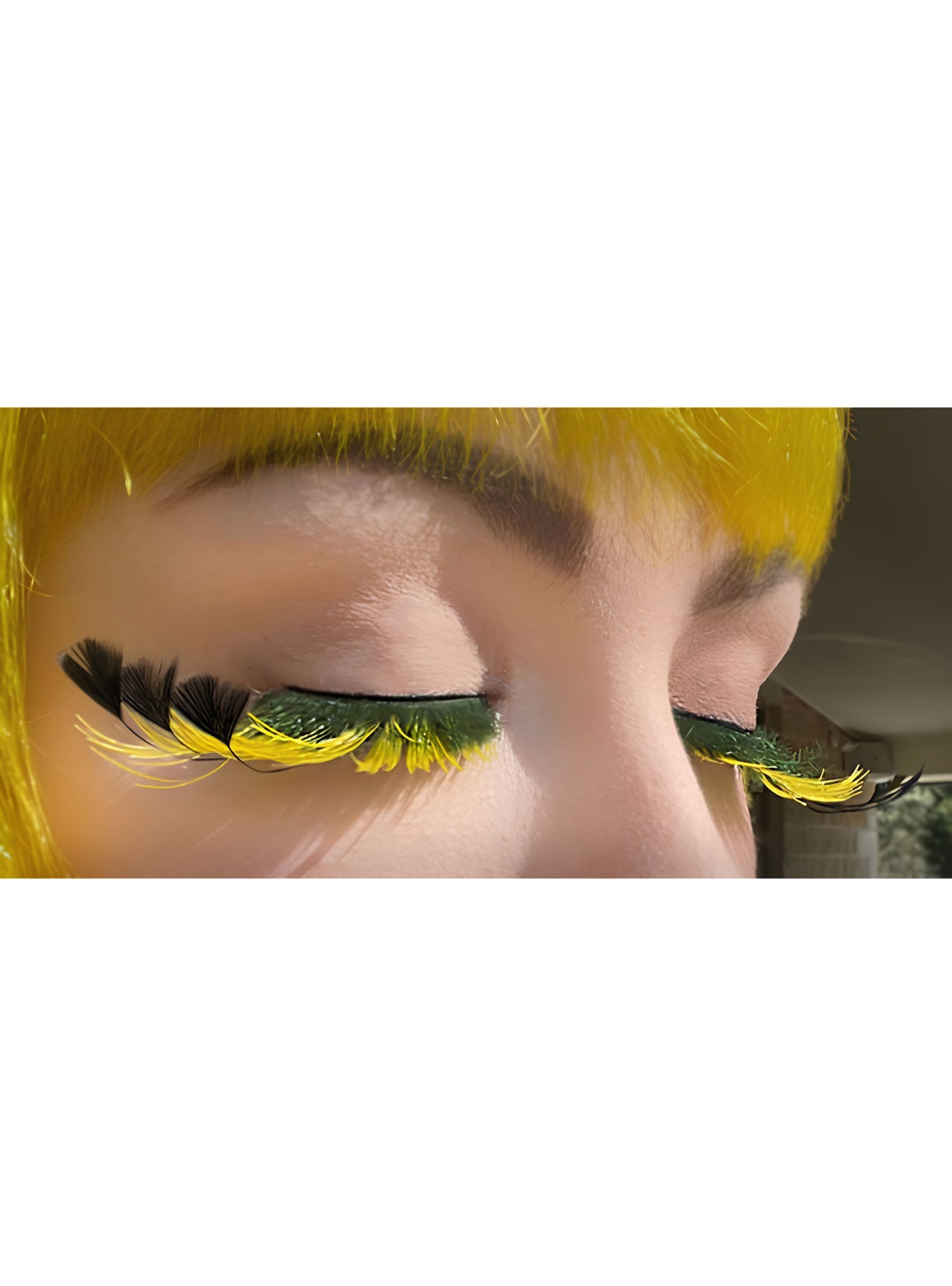 Black And Yellow Stick On Eyelashes With Feather Plumes