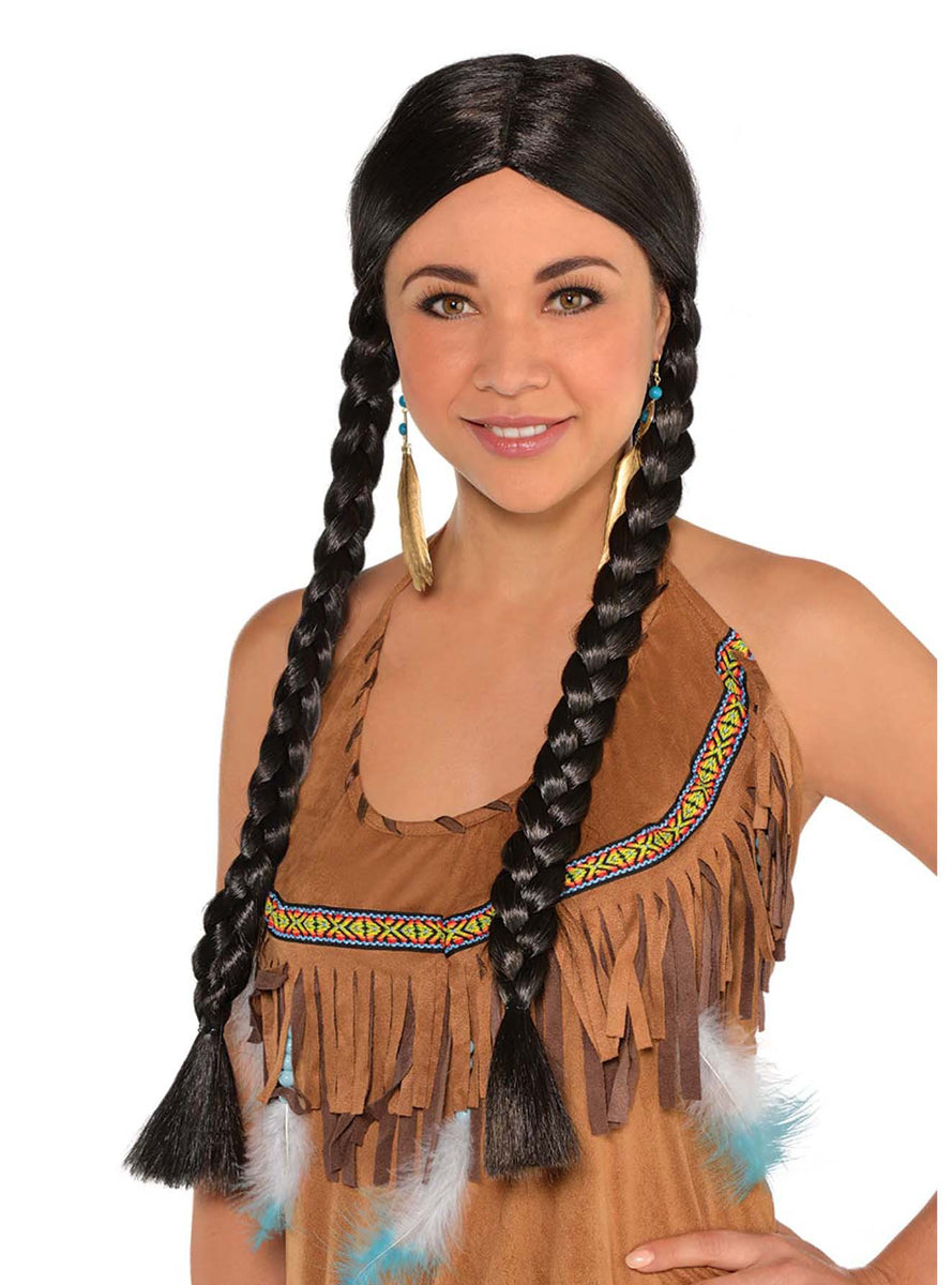 Native American Womens Braided Black Costume Wig - Main Image