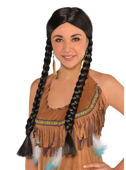 Native American Womens Braided Black Costume Wig - Main Image
