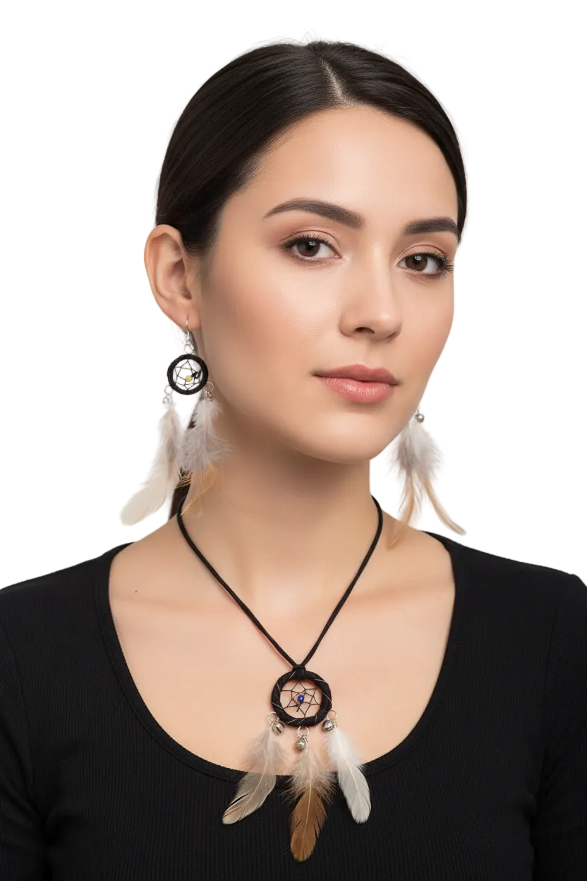 Image of Dream Catcher Black Feather Necklace and Earrings Set - main image