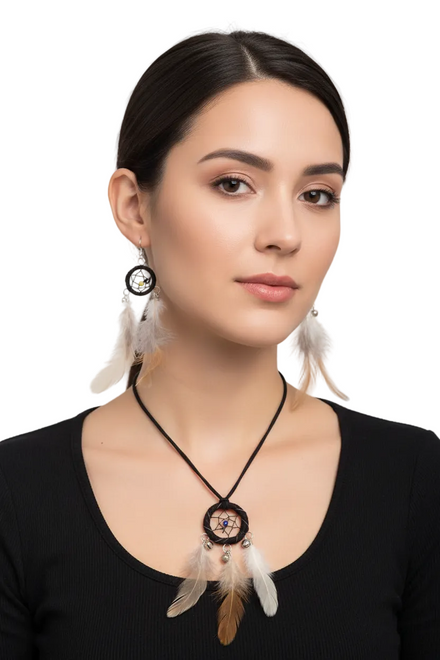 Image of Dream Catcher Black Feather Necklace and Earrings Set - main image