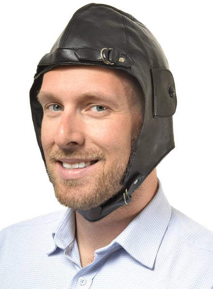 Image of Faux Black Leather Aviator Cap Costume Hat