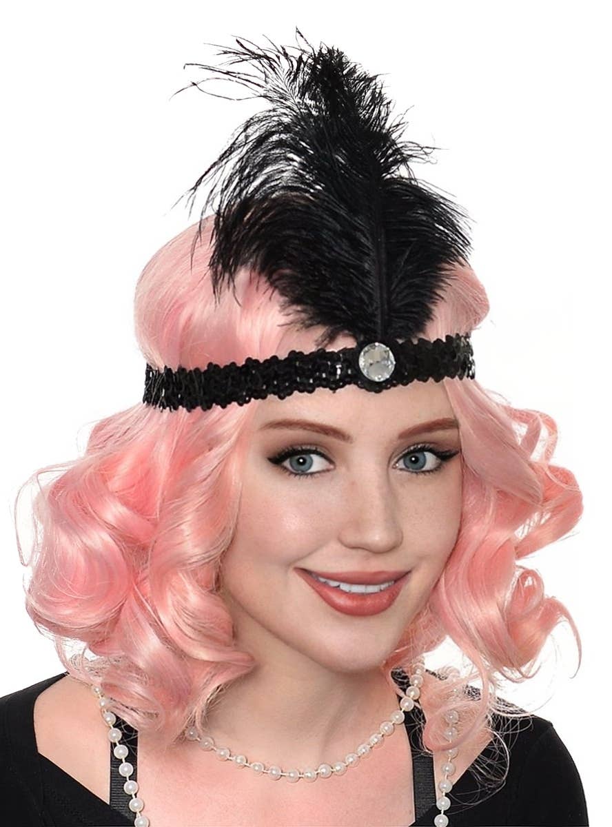 Women's Basic Roaring 20's Black Flapper Headband with Sequins and Feathers