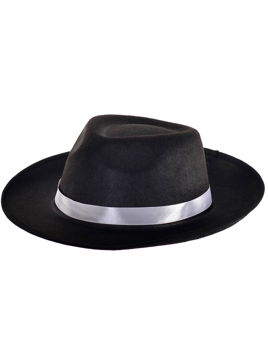 Image of Gangster Black Fedora Costume Hat with White Band