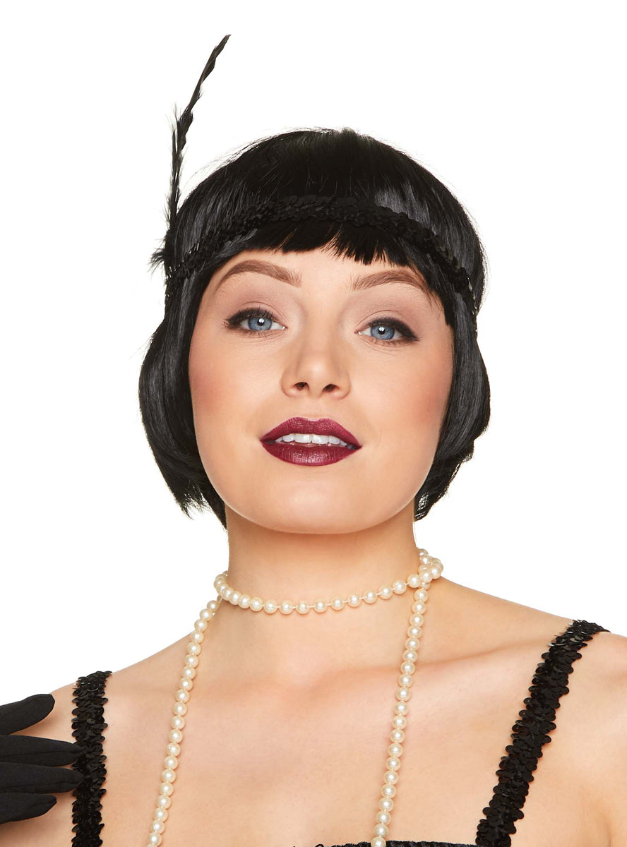 1920s Black Flapper Headband with Black Feather