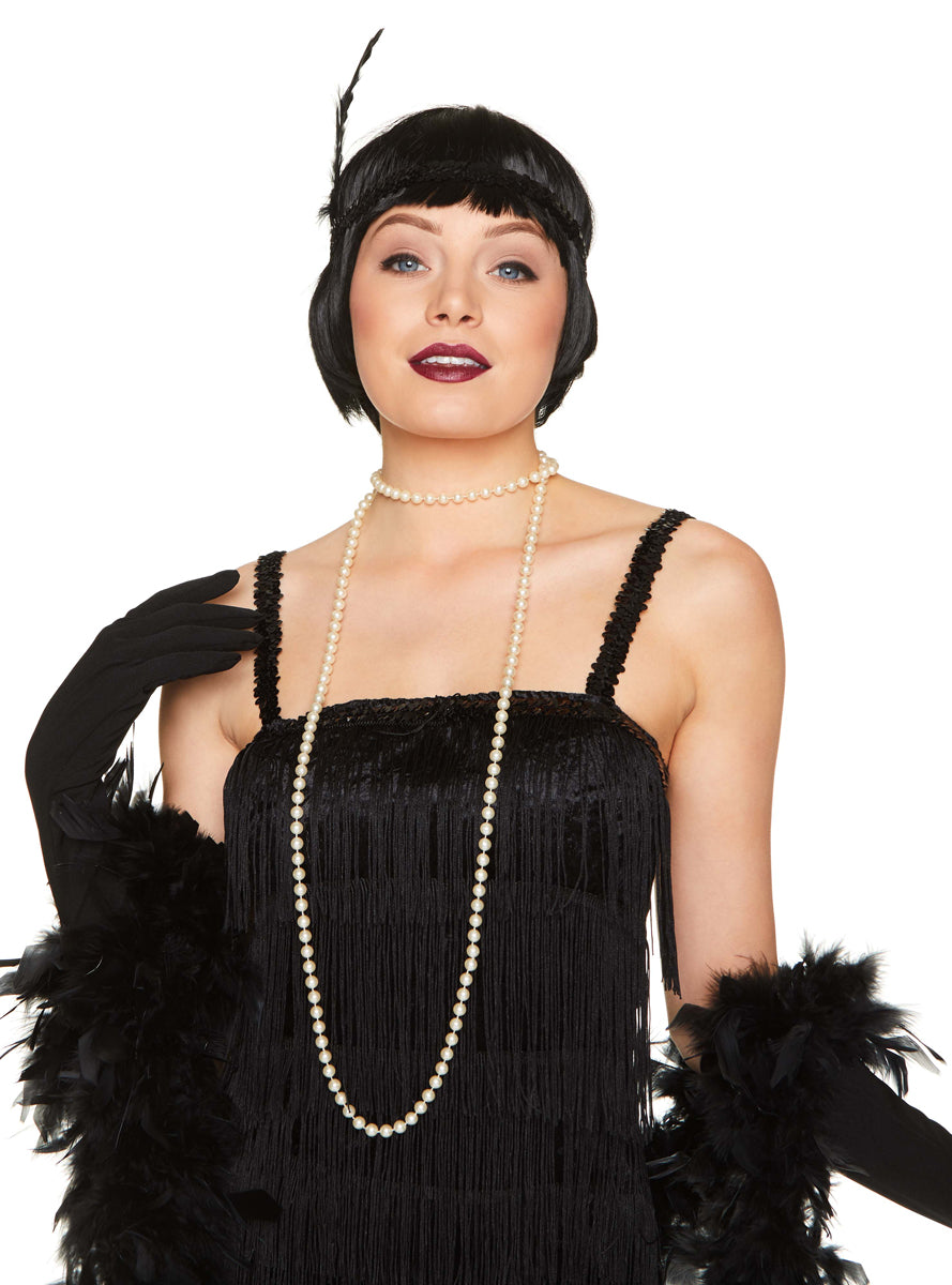 1920s Black Flapper Headband with Black Feather