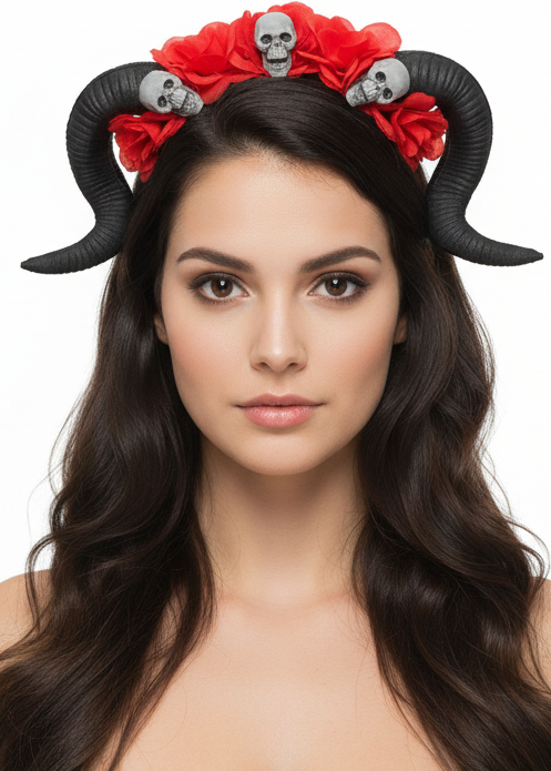 Black Goat Horns on Red Flower Headband with Skulls Headpiece - main image