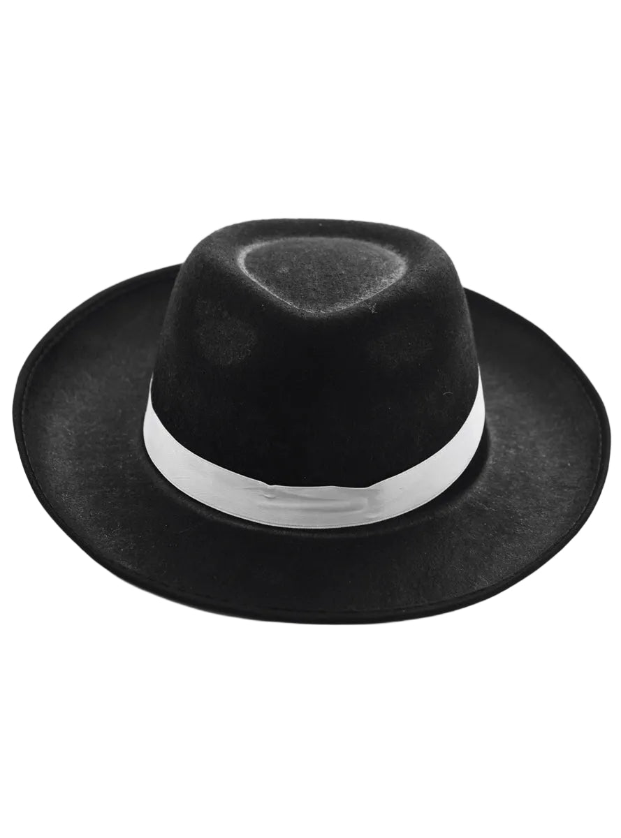 1920s Gangster Black Fedora Hat with White Band