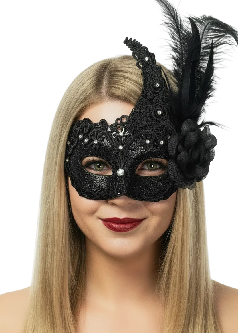 Glitter Black Lace Women's Masquerade Mask with Side Feather - Main Image