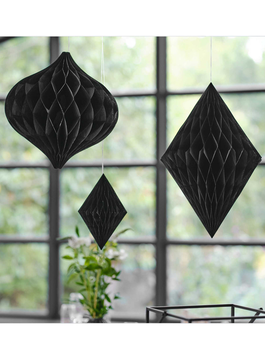 Black Honeycomb 3 Pack Assorted Hanging Decorations - Lifestyle Image