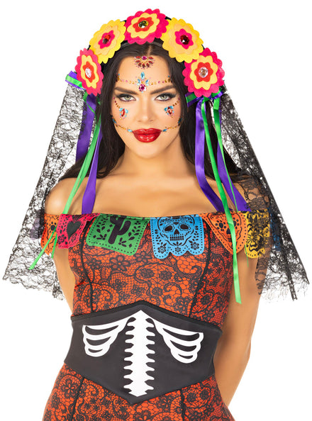 Sugar Skull Women's Day of The Dead Headpiece - Front Image