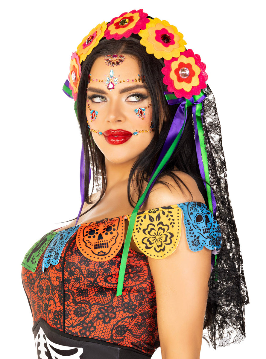 Sugar Skull Women's Day of The Dead Headpiece - Side Image