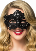 Black Lace Overlay Masquerade Mask with Glitter and Jewels - Main Image
