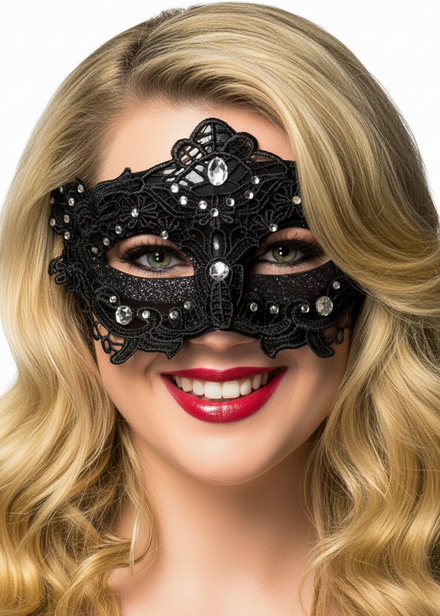 Black Lace Overlay Masquerade Mask with Glitter and Jewels - Main Image