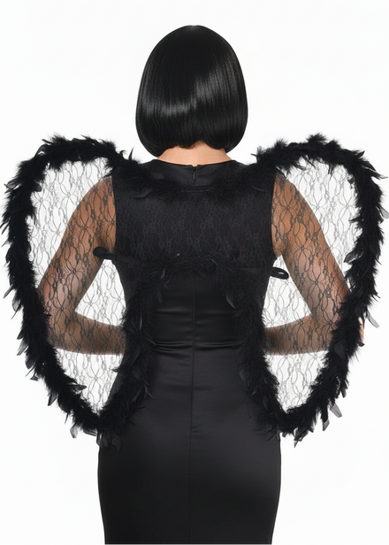 Large Sheer Black Lace Wings with Fluffy Black Feather Trim - Main Image