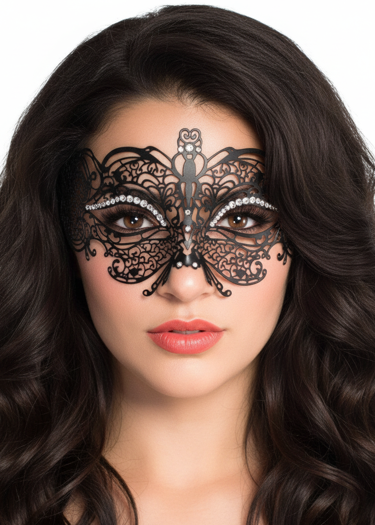 Womens Princess Black Masquerade  Mask With Butterfly And Rhinestones -Main Image