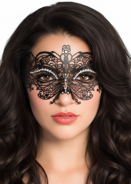 Womens Princess Black Masquerade  Mask With Butterfly And Rhinestones -Main Image