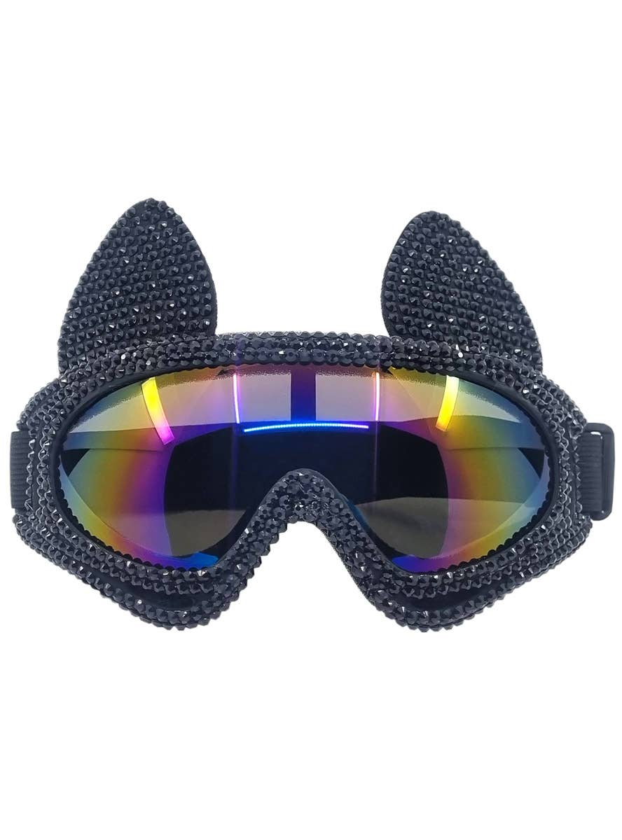 Image of Sparkly Black Rhinestone Cat Goggles with Mirror Lens