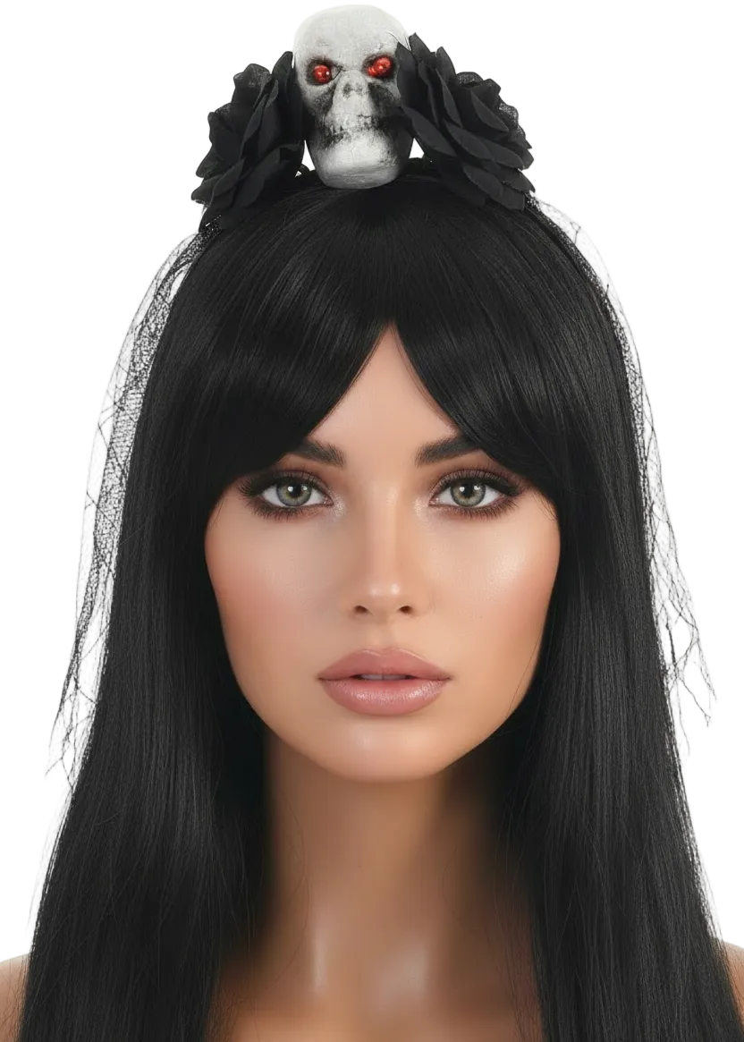 Veiled Black Rose and Skull Halloween Costume Headband -  Main Image