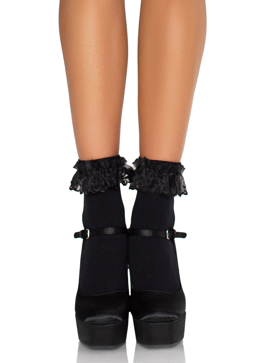 Ruffled Black with White Anklets Socks with Bows - Front Image