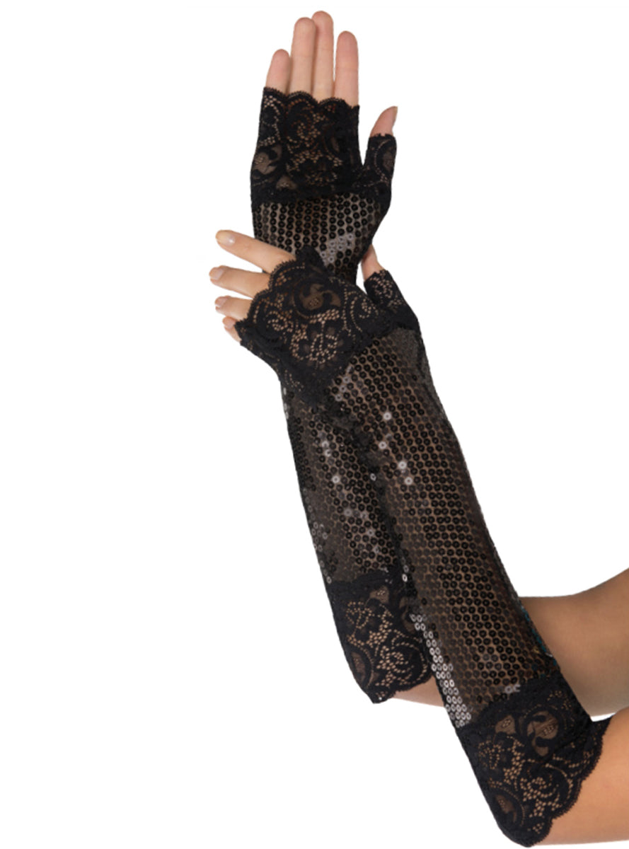 Fingerless Black Sequin and Lace Gloves - Main Image