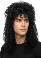 mens curly 80s rocker  black mullet costume wig - main image