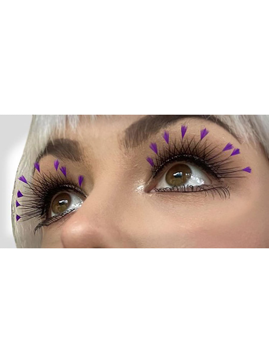 Black Stick On Eyelashes With Purple Feather Plumes