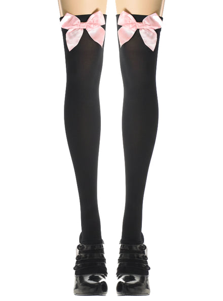 Black Thigh High Costume Stockings with Pale Pink Bows - Main Image