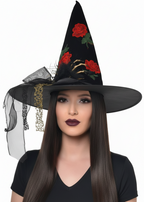 Black Witch Hat with Embroidered Roses, Skeleton Hand and Veil - Main Image