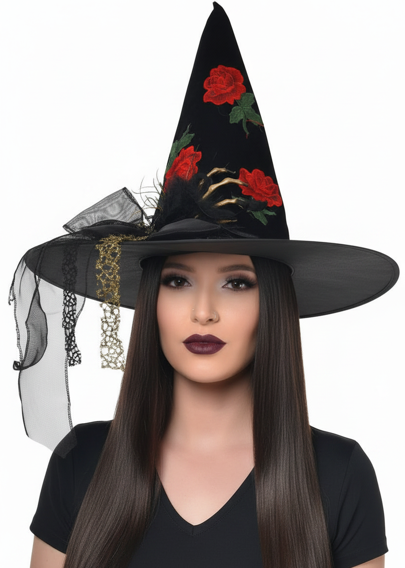 Black Witch Hat with Embroidered Roses, Skeleton Hand and Veil - Main Image