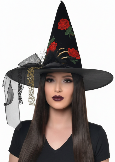 Black Witch Hat with Embroidered Roses, Skeleton Hand and Veil - Main Image