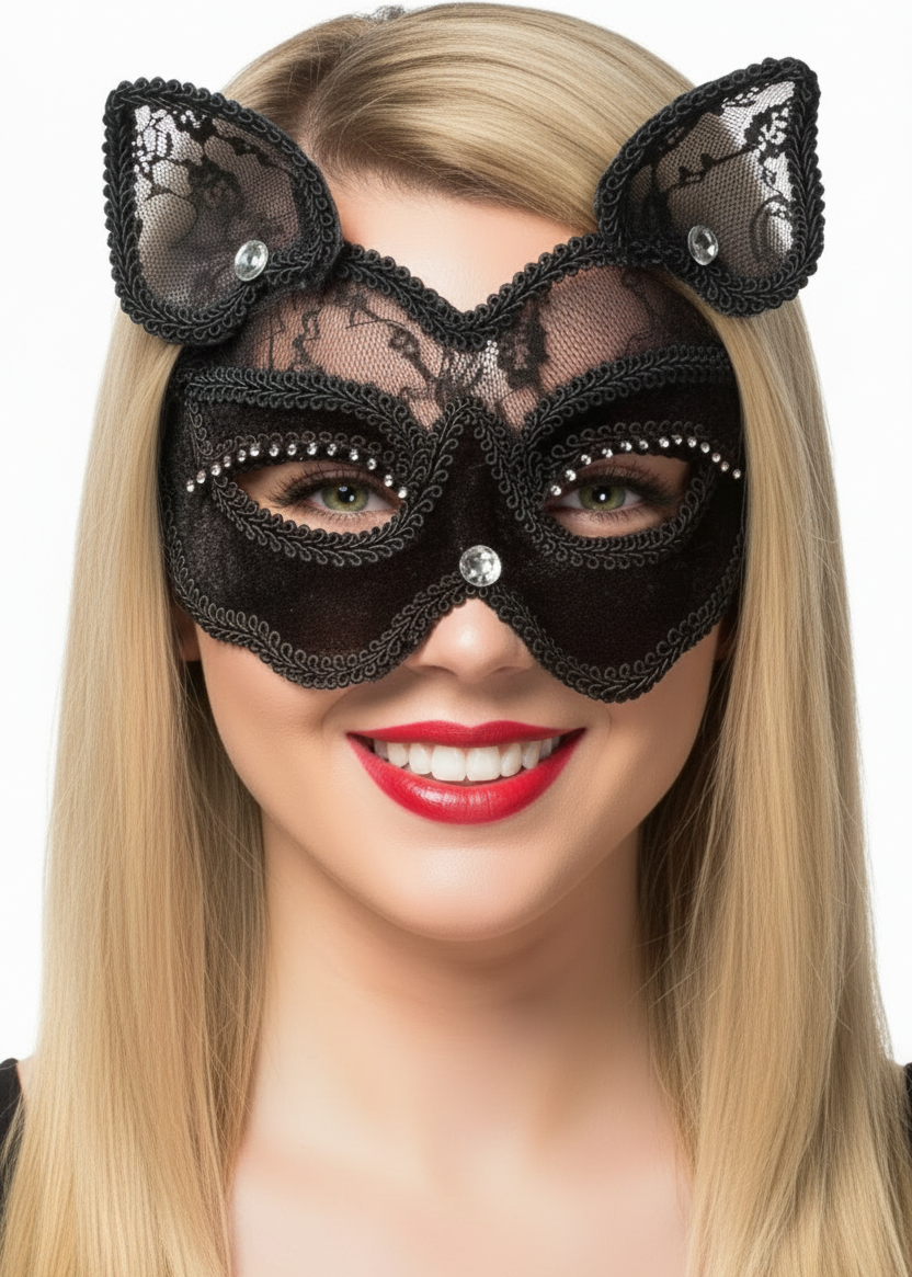 Black Velvet and Lace Deluxe Feline Cat Masquerade Mask- main image