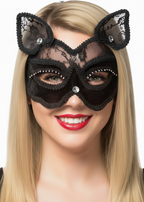 Black Velvet and Lace Deluxe Feline Cat Masquerade Mask- main image
