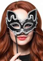 Cat Face Womens Black and Silver Masquerade Mask on a Stick - Main Image 