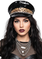 Black Vinyl Festival Hat With Leopard Print and Chain - Main Image