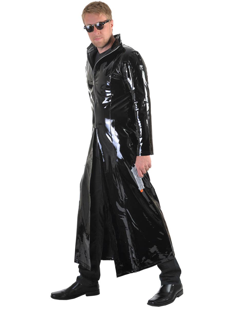 Mens Long Black Vinyl Matrix Costume Jacket - Main Image