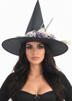 Image of Deluxe Purple Floral Skull Witch Hat Halloween Accessory - main image