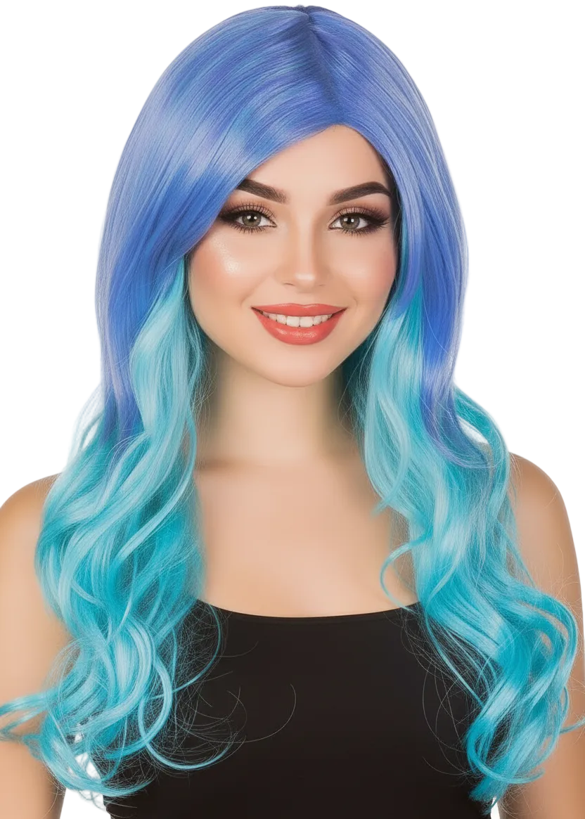 Women's Long Curly Blue to Aqua Ombre Costume Wig - Main Image
