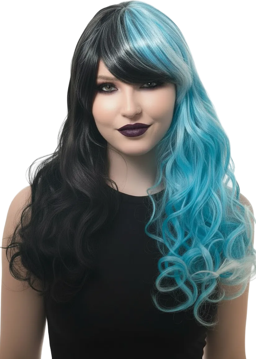 Image of Long Black and Blue Split Colour Women's Costume Wig - Main Image
