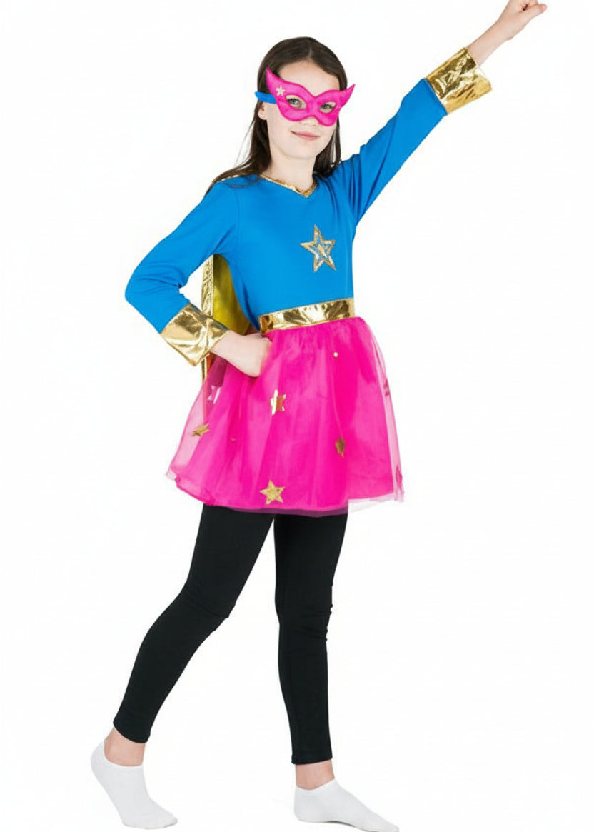 Girls Blue And Pink Superhero Costume Front Image