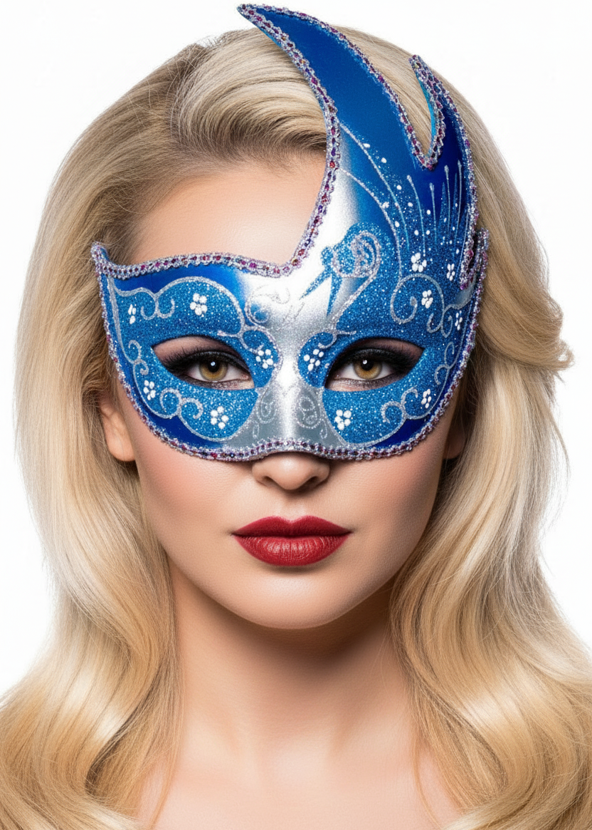 Women's Swan Venetian Masquerade Mask In Silver And Blue Glitter - Main Image