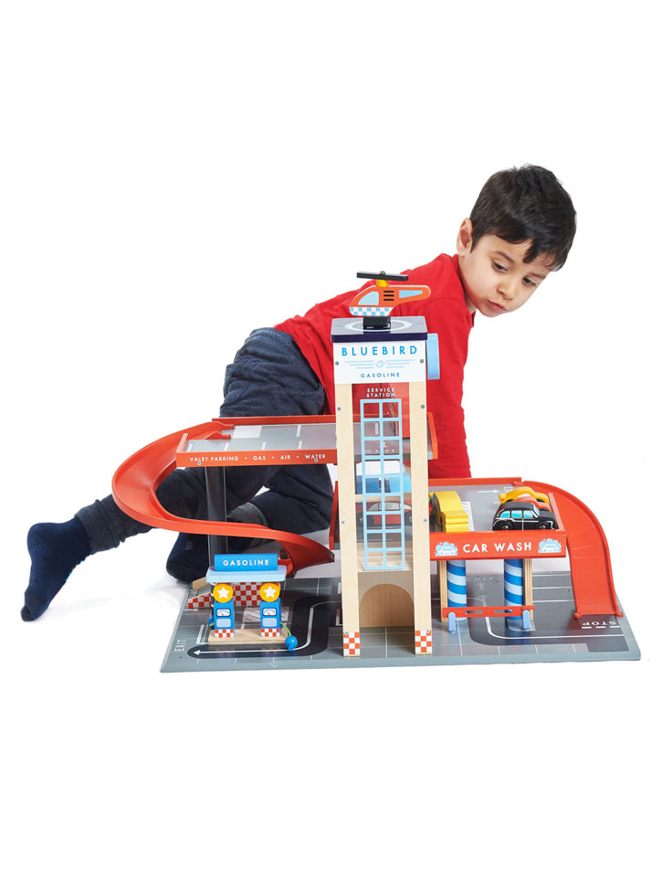 Blue Bird Service Station Childrens Wooden Toy Cars Set - Lifestyle Image 1