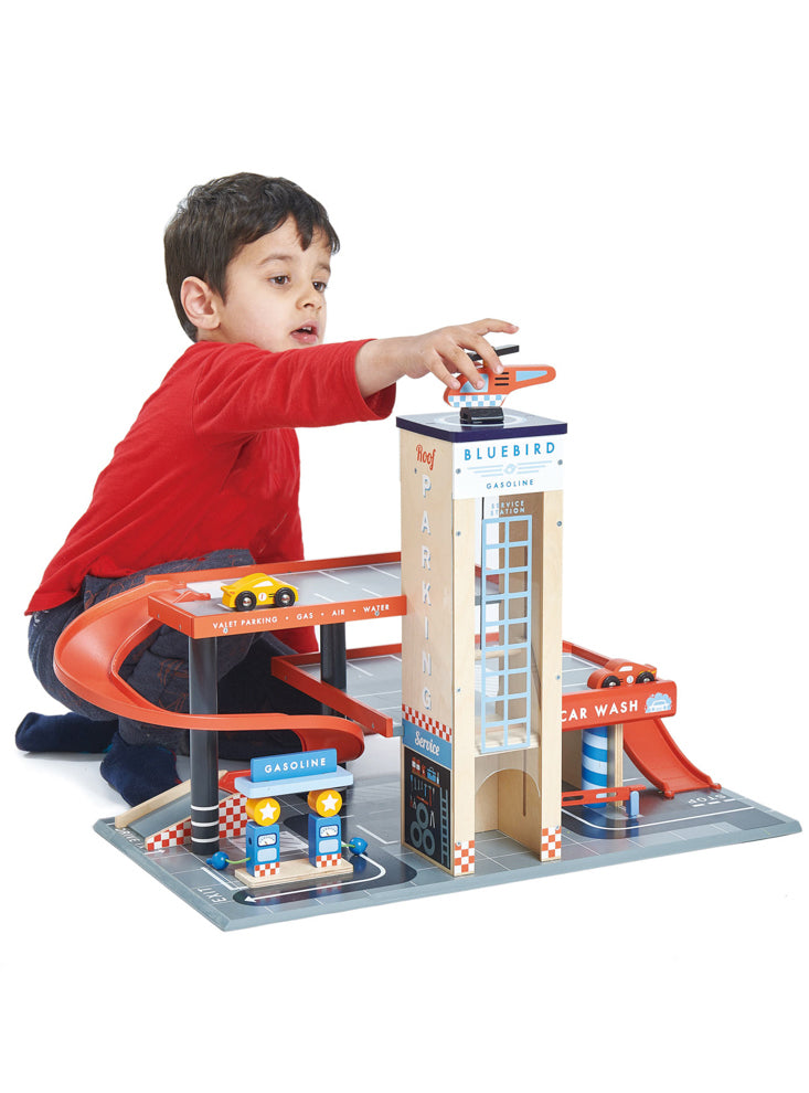 Blue Bird Service Station Childrens Wooden Toy Cars Set - Lifestyle Image 2