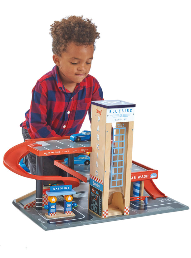 Blue Bird Service Station Childrens Wooden Toy Cars Set - Lifestyle Image 4